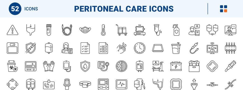 Peritoneal dialysis training line icon set. Vector pictograms of capd, apd, dialysate, and catheter elements, thin linear illustration.