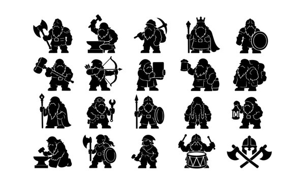 Black dwarf and fantasy warrior silhouette set