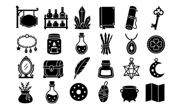 Black magic potion and witchcraft object vector icon set