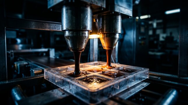 Industrial chocolate manufacturing machine showing liquid pouring process, molding trays and conveyor line, concept for automated food production and confectionery factory