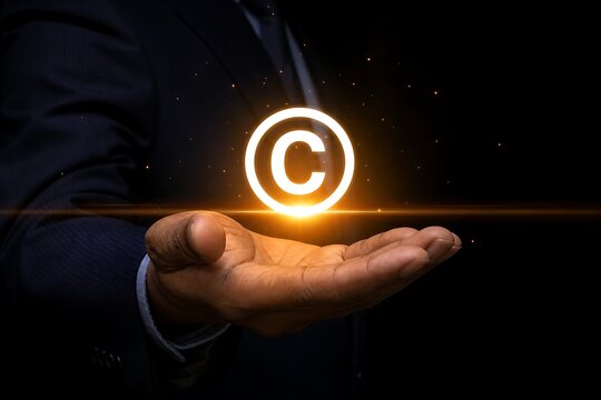 Hands presenting glowing copyright symbol against dark background