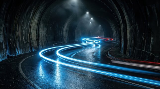 Winding blue and red light trails through a dark, wet, rocky tunnel, evoking a sense of mysterious, high-speed travel and industrial exploration with dramatic atmospheric lighting.