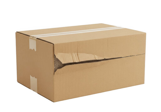 Damaged cardboard box with torn side, broken shipping package on white background, crushed brown delivery carton for logistics concepts