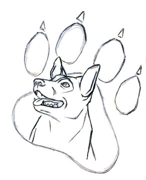 Sketch of a smiling service dog in the frame of the form of a paw