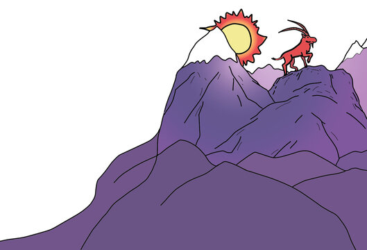Red ibex in the violet rocky mountains and hot sun in the sky