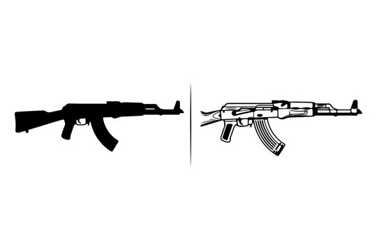 Vector illustration set comparing two assault rifle designs, shown as a solid black silhouette and a detailed black and white outline, separated by a vertical divider line and isolated on a solid whit