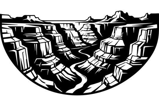 Vector illustration of a grand canyon landscape inside a semicircle badge frame, featuring layered rocky cliffs and a winding river, isolated on a solid white background.