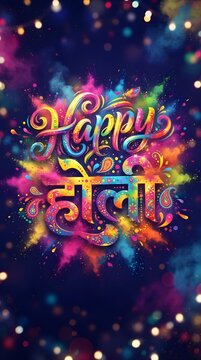 Colorful Happy Holi Typography with Devanagari Calligraphy, Powder Explosion, and Festive Bokeh on Dark Background