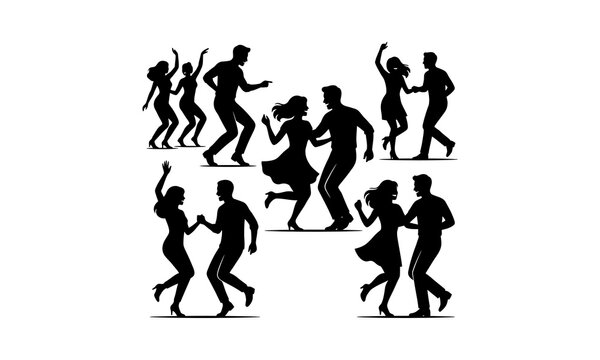 Silhouettes of couples dancing swing and rock and roll.