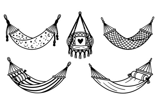 Cozy hammock line art collection including macrame hanging chair and swinging net beds vector illustrations