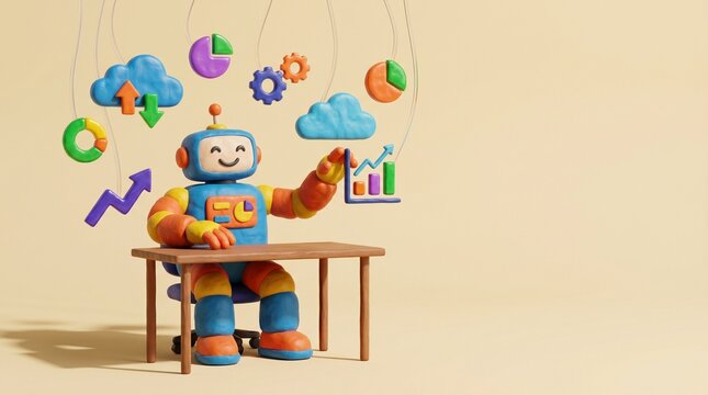 friendly 3d claymation robot organizing glossy colorful digital data icons