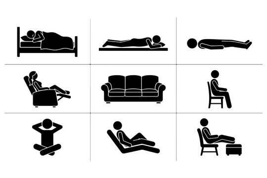 Stick figure icons showing different sleeping postures, resting positions, and relaxing in chairs