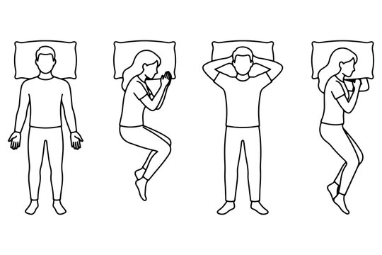 Line art illustration of men and women showing different healthy sleeping positions on pillows