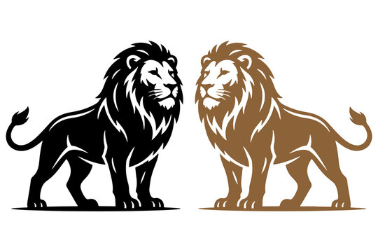 Majestic lion illustrations in black and brown colors for professional logo design and corporate identity branding