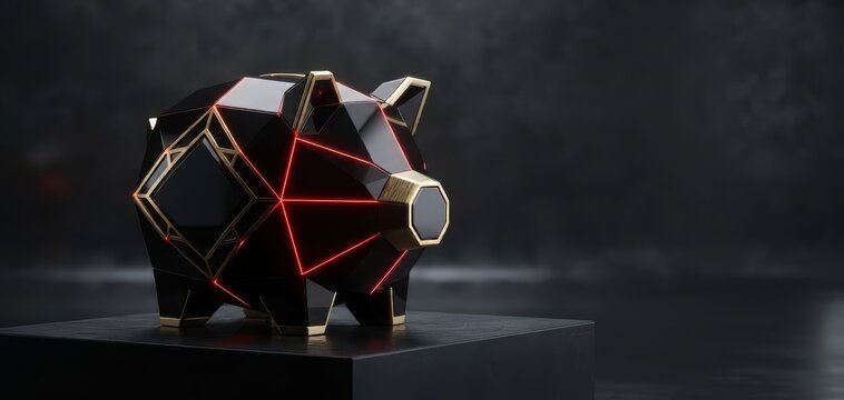 Geometric black piggy bank with golden frame and red neon light on podium. Luxury finance and saving money concept. Black Friday and Cyber Monday sale promotion background