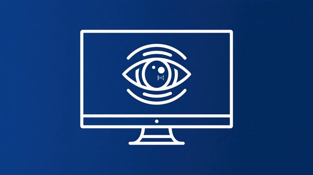 Digital eye icon on computer monitor display for online security and cybersecurity surveillance concept graphic illustration