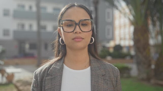 Woman wearing large glasses looks at camera with neutral expression and hoop earrings visible in front of building; quiet confidence.