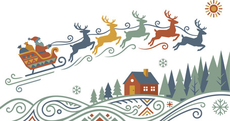 Fototapeta premium A festive christmas illustration featuring santa claus in his sleigh pulled by flying reindeer over a snowy winter forest landscape