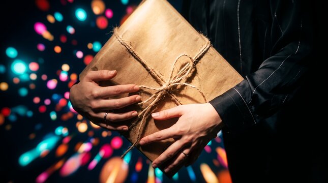 Close up of hands holding a rustic craft gift box featuring vintage paper wrapping, twine rope knot and colorful bokeh lights, concept for holiday celebration and festive gifting
