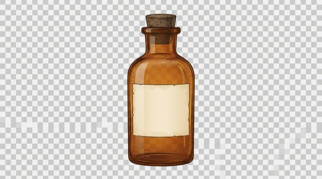 Small amber glass bottle with cork stopper and label