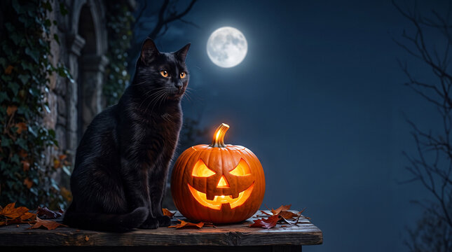 Mysterious Black Cat with Glowing Halloween Pumpkin