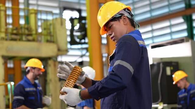Factory worker inspecting metal spring part in manufacturing workshop, quality control inspector examining mechanical component, industrial technician checking product quality in manufacturing plant