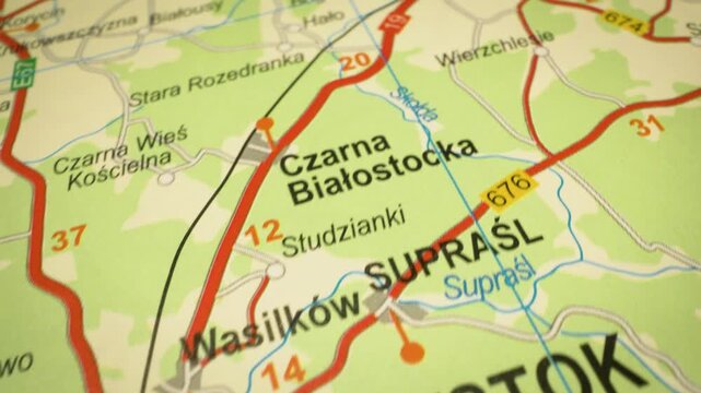 gliding map view of roads leading to bialystok, poland