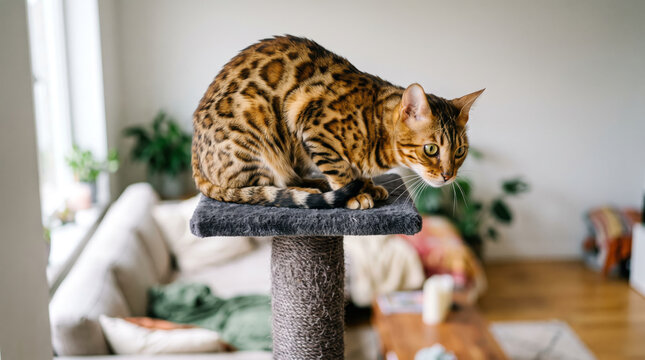Beautiful Bengal cat with leopard spots sitting proudly on a tall cat tree carpet scratcher post in a modern living room. Purebred pet portrait