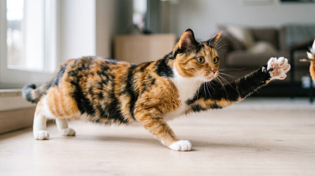 Calico tortoiseshell cat stretching its legs and body while lying on a wooden floor in a bright room. Flexible domestic feline movement