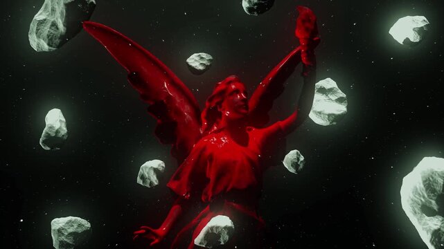 Surreal cinematic fantasy scene of a red winged fairy floating through deep space surrounded by illuminated asteroids. Dark mystical atmosphere, dramatic lighting and supernatural mythology aesthetic,