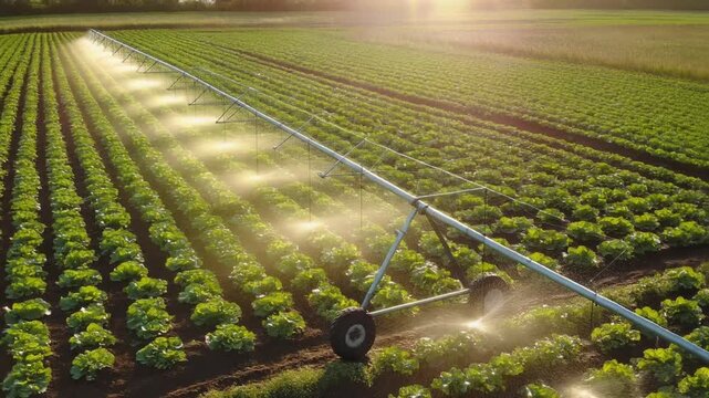 Modern Agricultural Watering Sprinkler System on Lush Vegetable Field