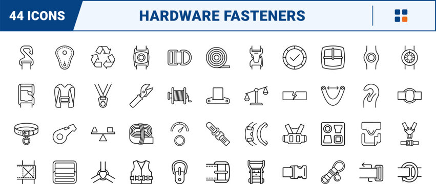 Buckle Slide Strap line icon set. Vector pictograms of fasteners, hardware, webbing, and adjusters elements, thin linear illustration.