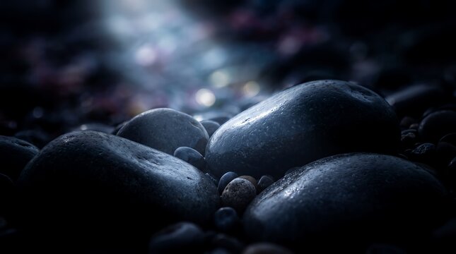 Smooth dark pebbles and river stones displaying wet textures, soft overhead light and dramatic shadows, concept for mindfulness meditation and peaceful nature background