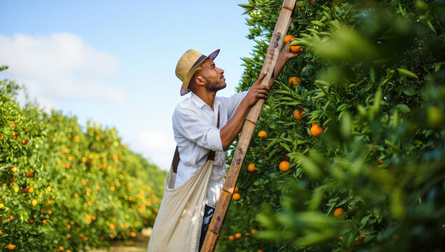 Man picking ripe oranges from a ladder in a sunny citrus orchard. He reaches into a tree wearing a hat and carrying a harvest bag amid rows of green trees.