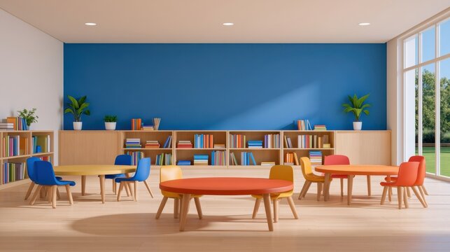 Bright cheerful classroom with colorful low tables and chairs against blue wall