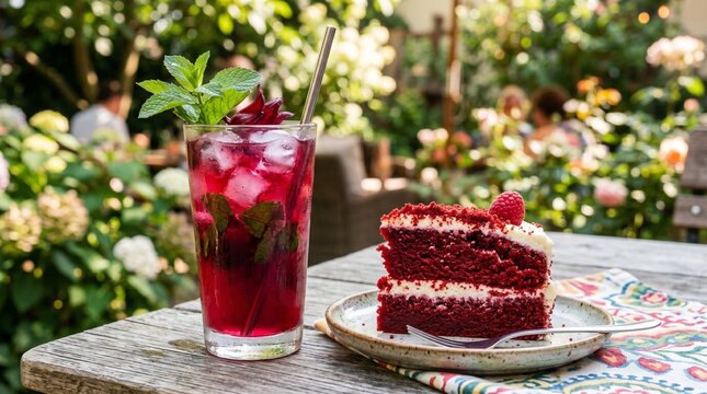 red velvet cake slice and traditional juneteenth red drink outside
