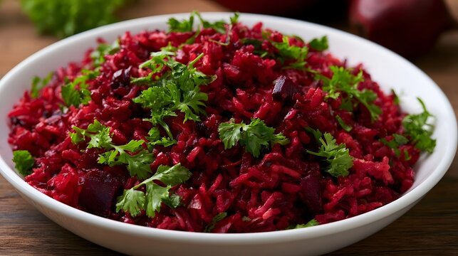 A bowl of vibrant red beetroot salad topped with fresh green herbs  presented on a wooden surface with soft natural lighting
