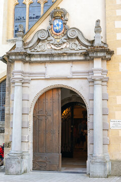 Luxembourg, 28 June 2019: Historical buildings in Luxembourg city center. Carved portal of the Church of St. Michael (&Eacute;glise Saint-Michel) in Luxembourg