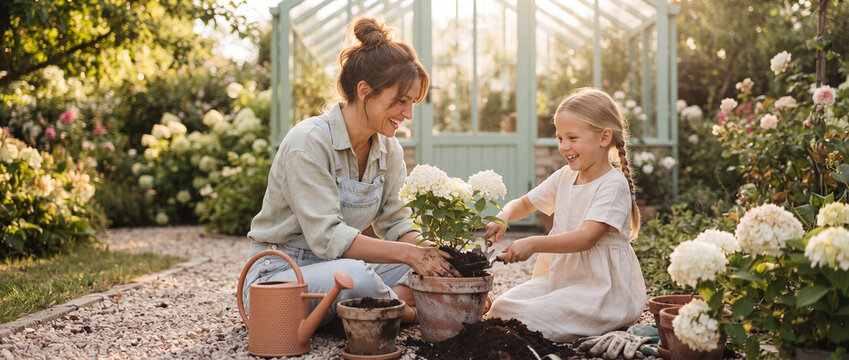 Mother and daughter planting flowers together outdoors in a sunny backyard garden near a greenhouse, enjoying family leisure time and caring for potted blooming hydrangeas