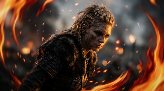 Viking woman warrior in armor displaying fierce expression, braided hair and burning flames, concept for fantasy strength and historical drama
