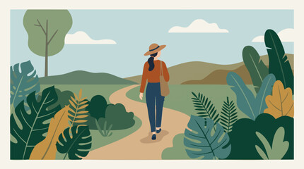 Naklejka premium Woman walking on winding path in lush green natural landscape illustration