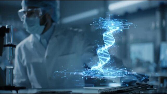 Innovation in genetics with scientist examining blue dna helix