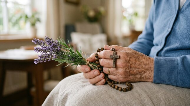 elderly hands praying and holding a christian cross on wooden background