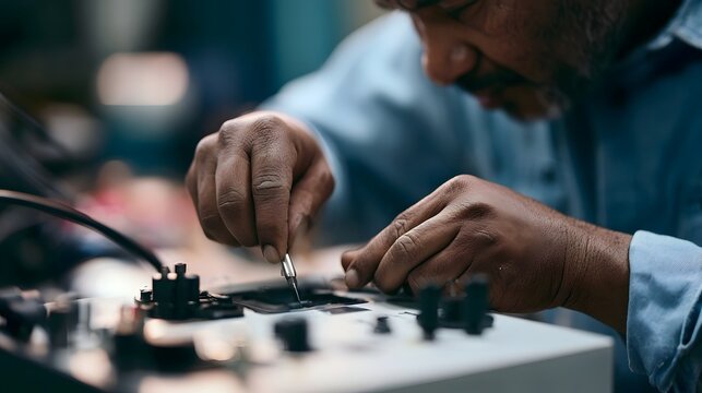 A person carefully uses a screwdriver to repair or assemble a small electronic device with focused attention