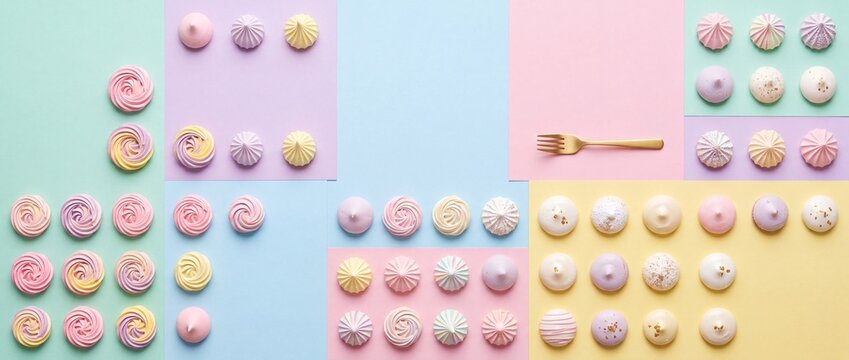 Assorted colorful meringue cookies arranged on pastel geometric paper background with gold fork for elegant dessert catering or patisserie branding promotions.