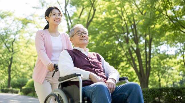Young Asian Caregiver Pushing Elderly Man in Wheelchair Outdoors