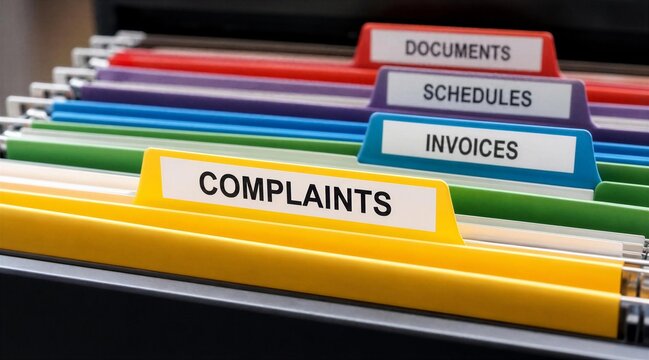Colorful Filing Folders Labeled Complaints Documents Invoices