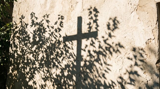 shadow of christian cross and leaves on light stone wall
