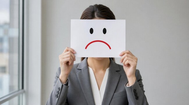 Businesswoman Holding Sad Face Sign Covering Her