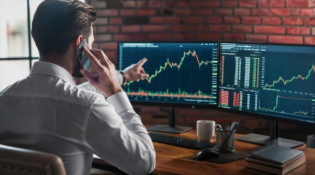 Stock Trader Analyzing Candlestick Charts on Dual Monitors